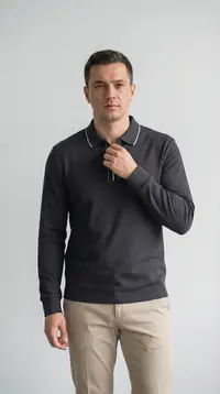 Мужское поло с длинным рукавом (лонгслив) BOSSADO — серый с белым кантом view 1