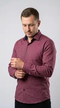 Мужская приталенная рубашка Slim Fit (Бордовая клетка) view 1