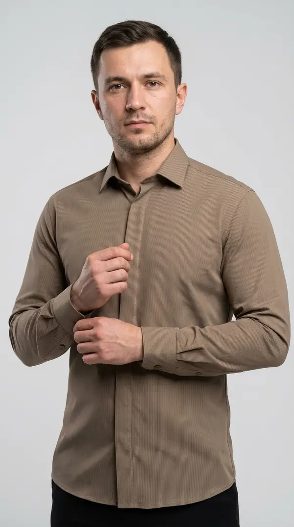 Мужская приталенная рубашка Slim Fit (Кофейный микродизайн) - Скрытая застежка