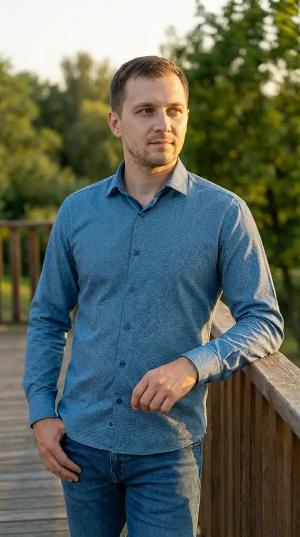 Мужская приталенная рубашка Slim Fit (Deep Blue Microprint)