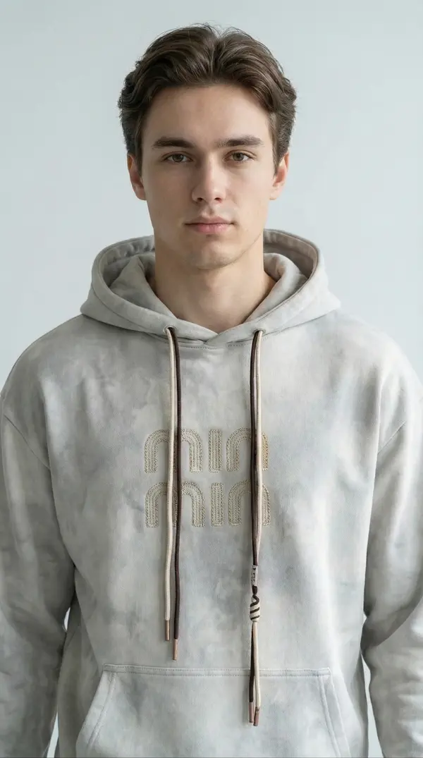 Мужское худи – светло-серый эффект «Tie-Dye» с вышивкой