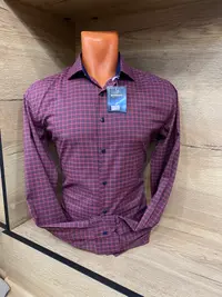 Мужская приталенная рубашка Slim Fit (Бордовая клетка) view 3